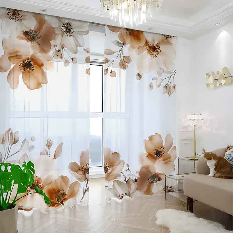 TEMU Holiday, Gift-, Wedding Decoration Window Drapery, 2pcs Semi-transparent Curtains, Elegant Watercolor Floral Curtains With A Warm And Theme,