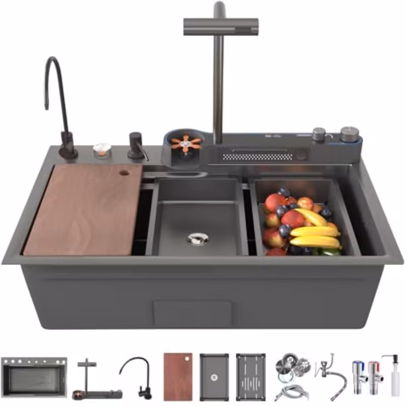 33x22x10in black smart kitchen sink ambient light multifunction waterfall kitchen sinks 8 gauge metal black stainless steel single bowl workstation sink with soap dispenser Product details 0