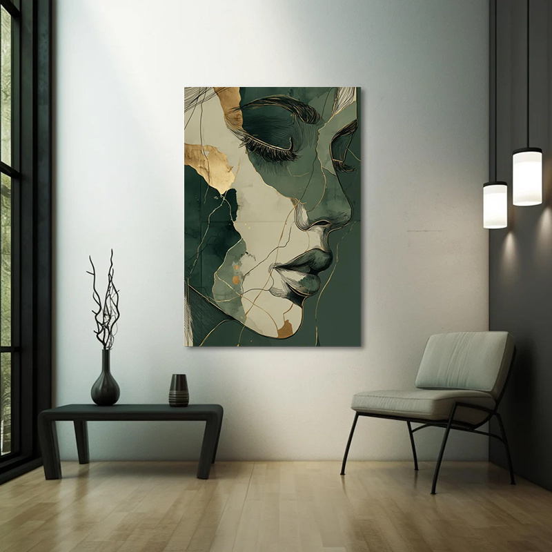 TEMU 2d Flat, 2d Flat, 1pc, Large Abstract Wall Art Featuring A Female Face, Art Print With Emerald Green And Golden Lines, Modern Minimalist Female