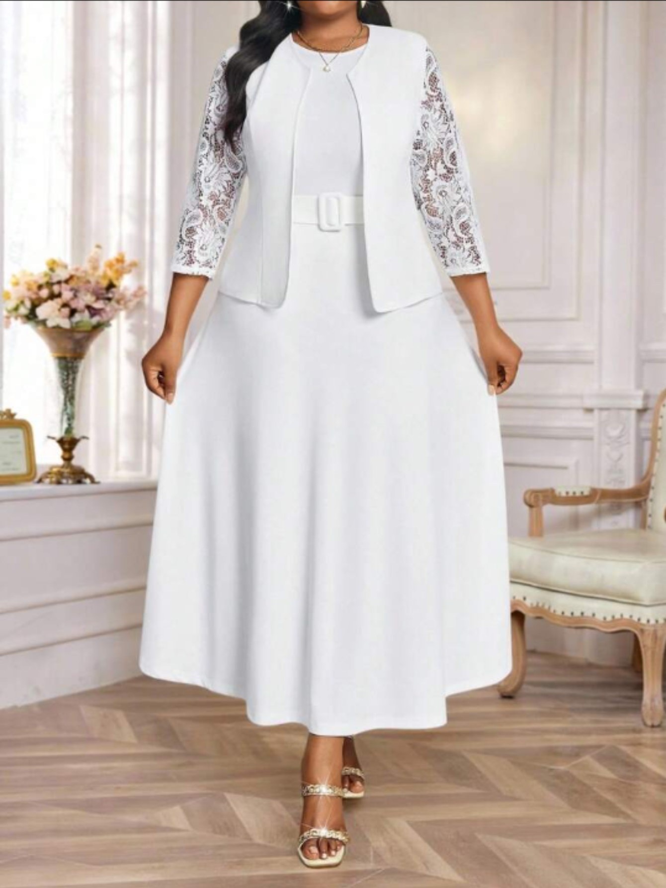 Elegant Crew Neck White Dress with Lace Jacket Set - 3/ 4 Sleeve, Belted  Waist, A-Line Skirt * Church & * Semi - Formal to Casual Wear, Dress Set