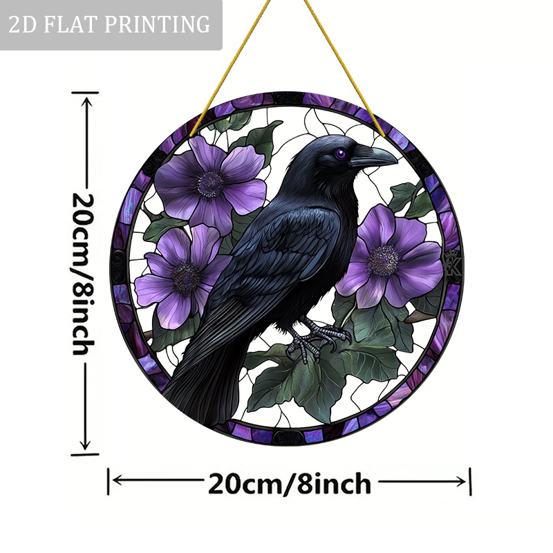 TEMU 2d Flat - 1pc, Crow And Floral Colorful Style Acrylic Sun Catcher, Bird Decor (8 X 8 Inches), Mystical Decor, Window Decoration, Window Sun