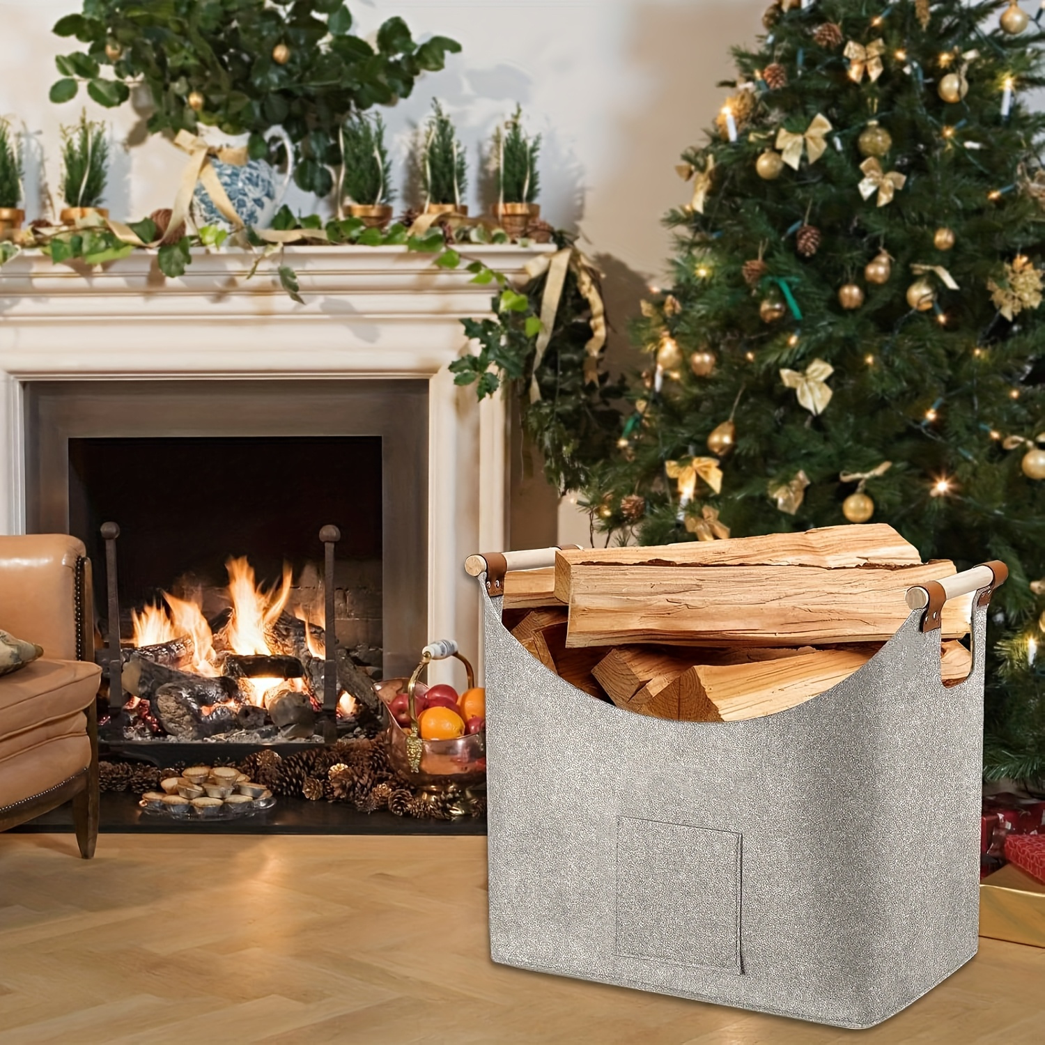 xxl foldable fire basket 55l thickened felt log basket for fireplaces indoor wood burner with extended handles space saving firewood vegetable basket dark gray details 4