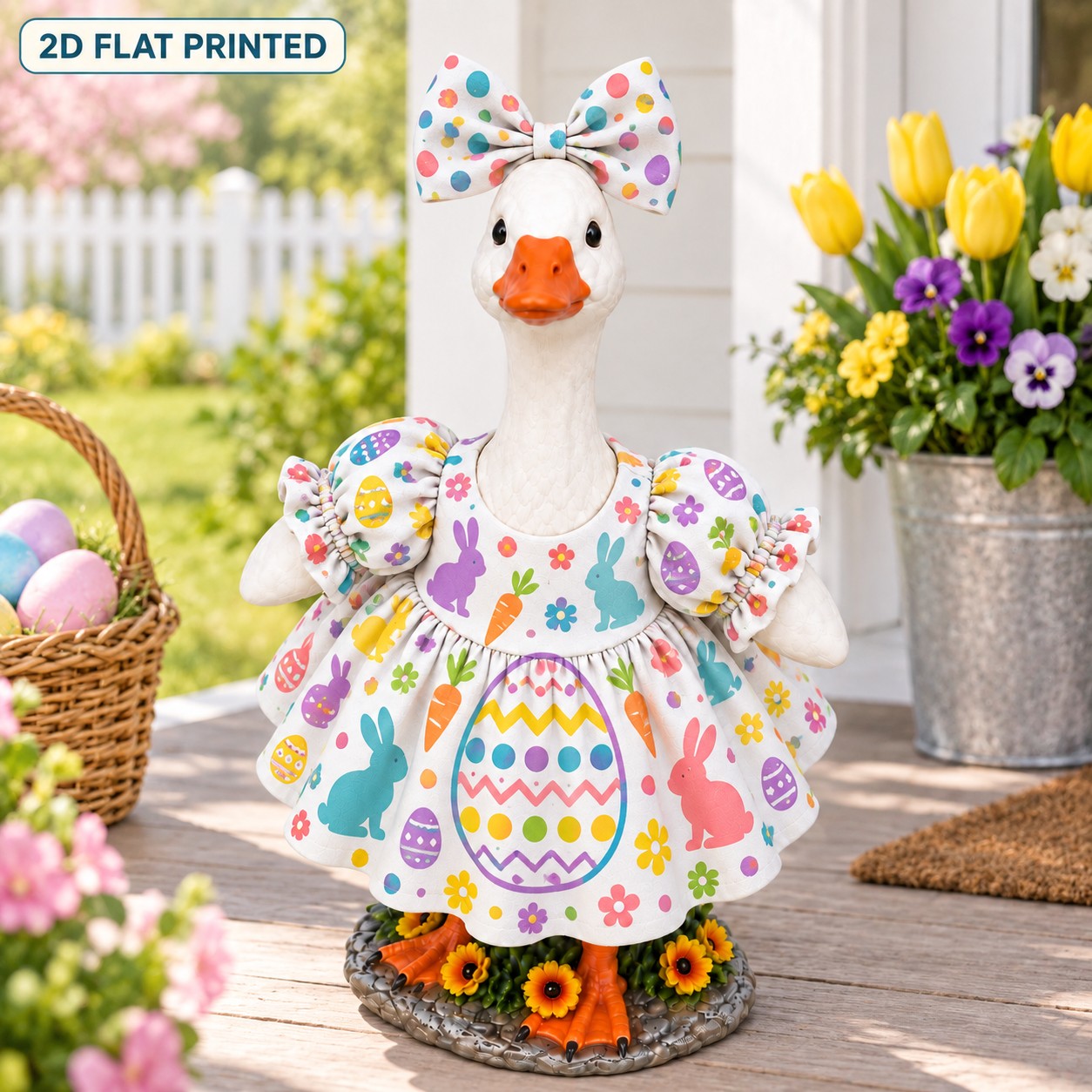 TEMU 23-inch Porch Goose Easter Outfit, 2pcs Bow Headpiece & Dress Set With 2d Flat Printed Easter Egg, Bunny, Flower & Polka Dot Graphics, Cute