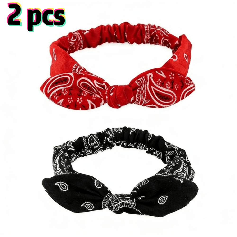 TEMU 2pcs Vintage Bohemian Paisley Print Elastic Headband With Bow - Soft Fabric Hair Accessory For Women, Ideal For Yoga, Running, And Stylish