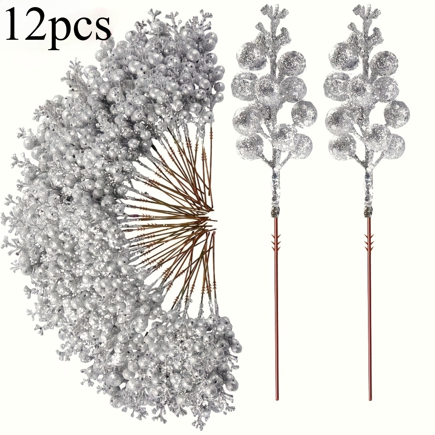 TEMU 12pcs Realistic Berry Shiny Branches - Christmas Tree And Wreath Decor, Reusable Plastic Berries With Stems, Holiday Decoration, , Handcrafted