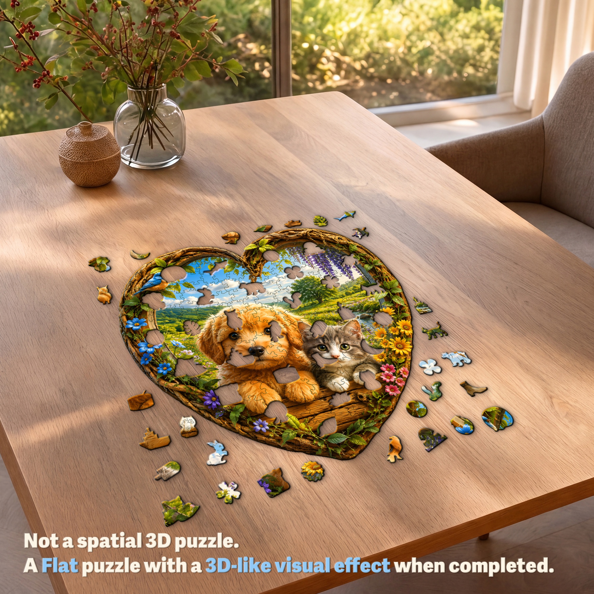 Puppy and Kitten Garden Scene Flat Wooden Puzzle for Kids