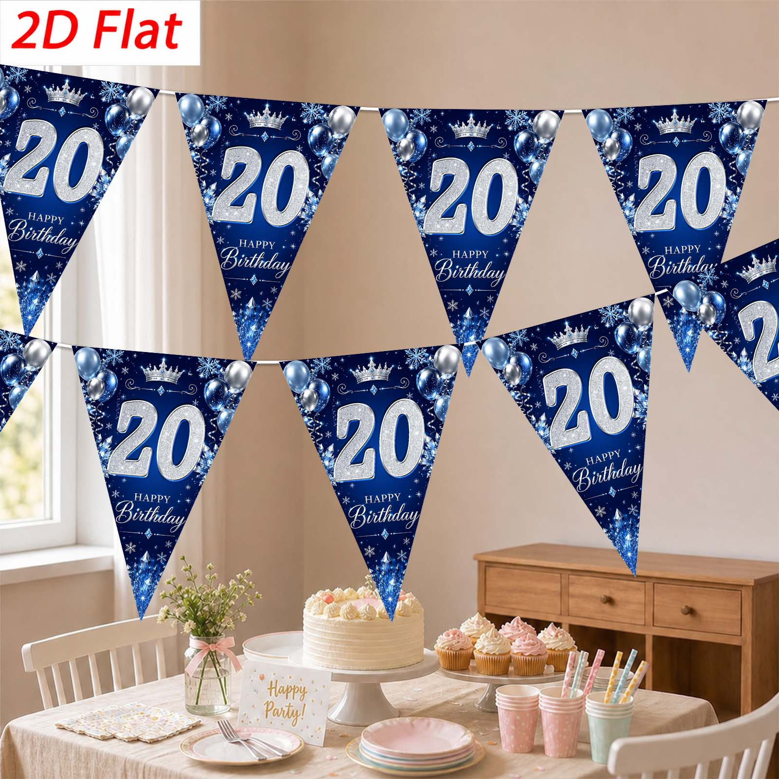TEMU Fanion de fête plat 2D, fanion de fête plat 2D, 10 pièces, matériau, décoration de fanion triangulaire pour 20e anniversaire, combinaison bleue
