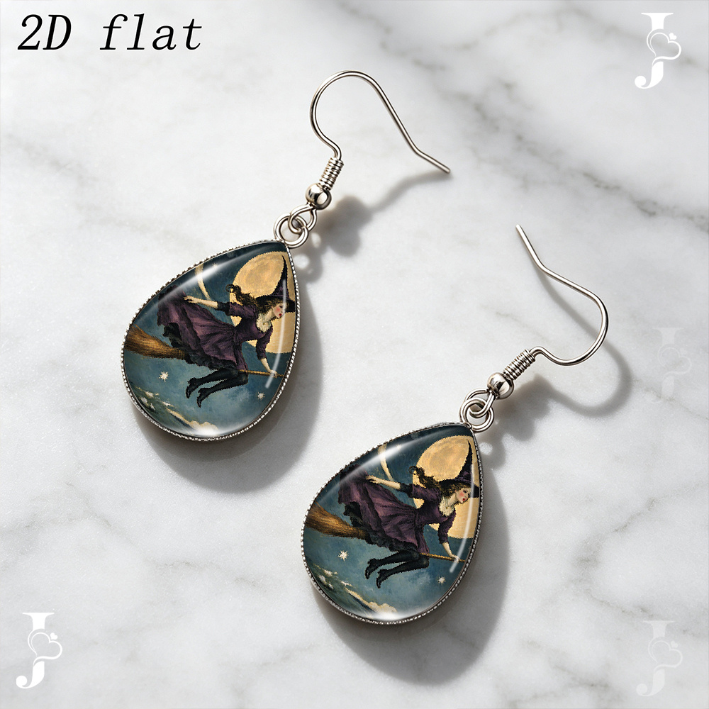 Teardrop Dangle Earrings with Vintage Witch Pattern