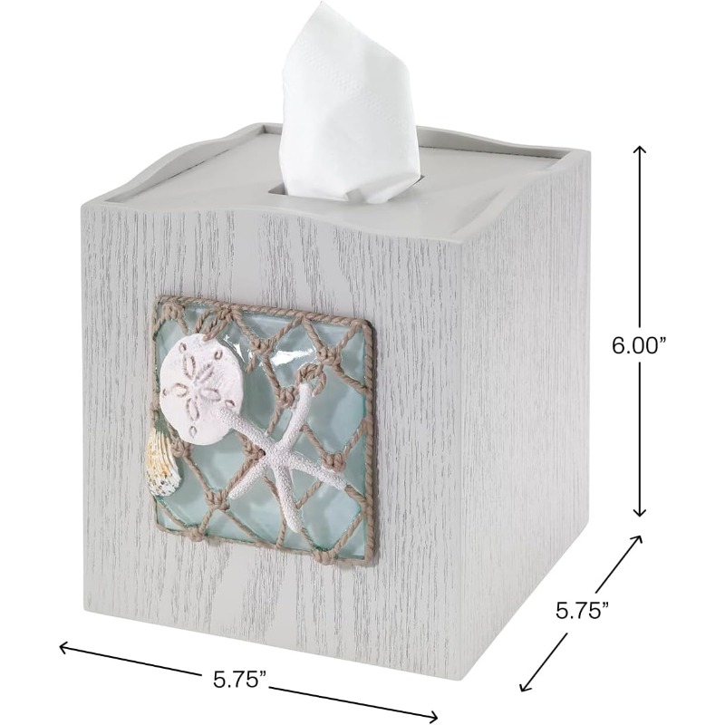 1pc coastal tissue box cover - elegant beach bathroom decor in turquoise  , decorative resin storage lid with  ,   collection - compatible with tissue boxes, candles, soap dispensers - easy-clean bathroom organizer for coastal home décor - hand-painted resin design, food-safe, hand wash only, round shape, seaside-inspired with turquoise glass accents, tissue holder bathroom Product details 2