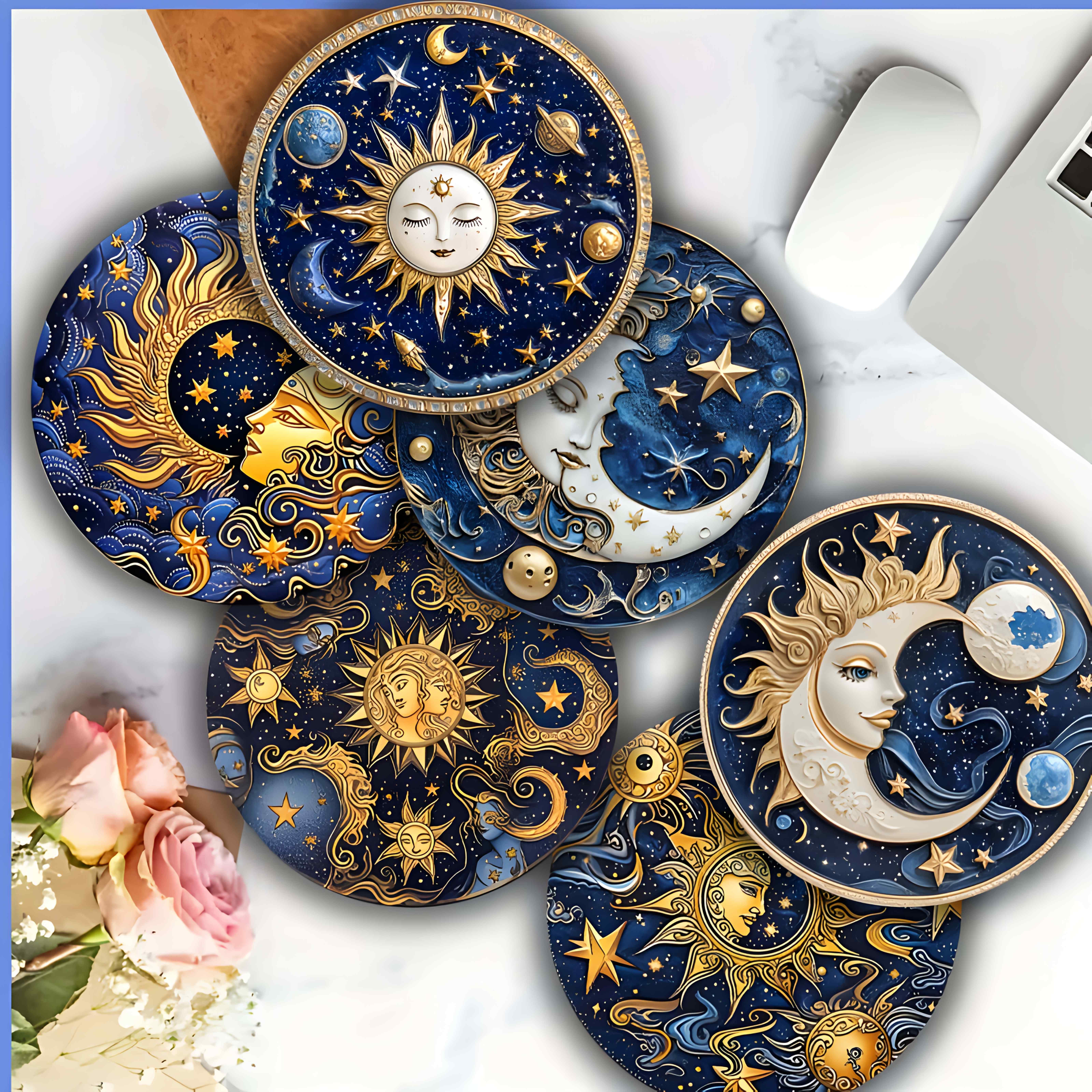 TEMU 6 Golden Retro-style Wooden Coasters With Sun, Moon, Cloud And Star Patterns Suitable For All Cups And Mugs Circular Tabletop Protectors For