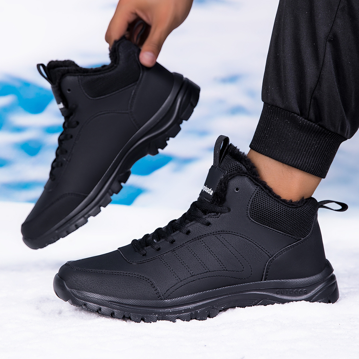 Image of Men's Minimalist Stripe High Casual Boots, Lace-up Closure, Plush Thickened Warm Lining, Wear-resistant Grip Ankle Support Booties For Outdoor Hiking, Camping, Daily Cold Weather Winter Footwear
