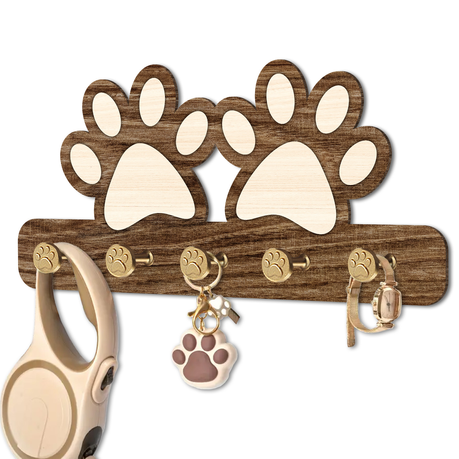 

1pc Rustic Wooden Dog Paw Key Rack For Wall - Stylish Wall-mounted Organizer With 5 Distinct Dog Paw Hooks - Key Storage Solution For Country Home Decoration (brown)