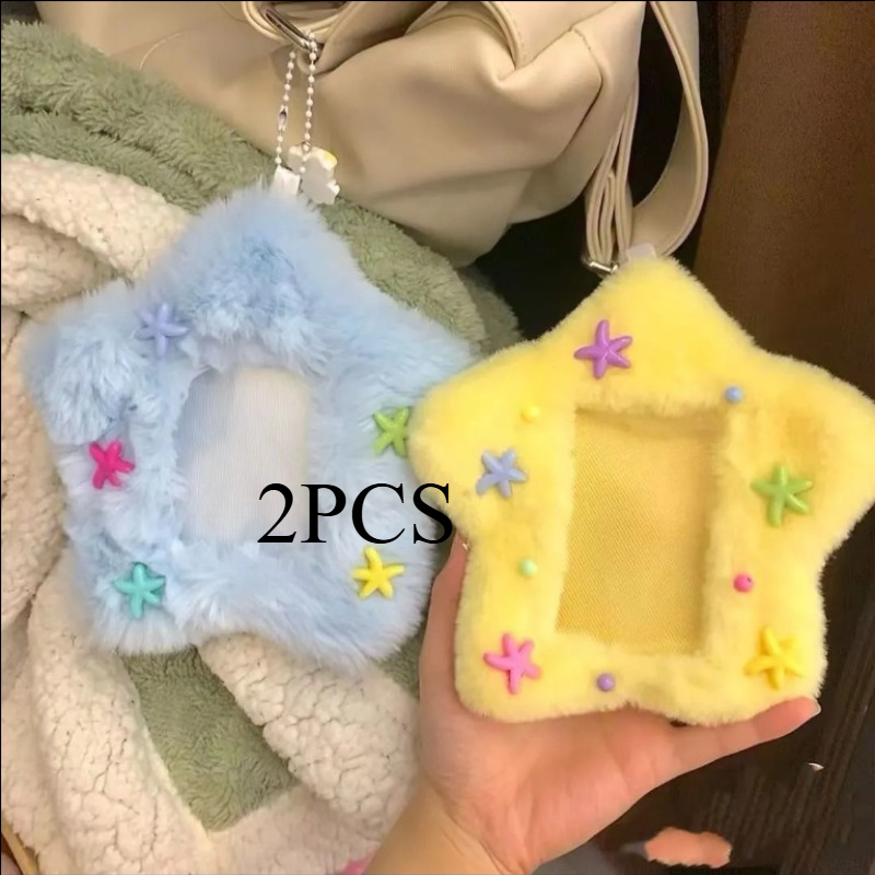 TEMU 2pcs Star Plush Photo Clip - Soft Polyester Fiber, Random Embellishment, Cute Korean Wave And Bus Card Protective Cover With Colorful Fluffy