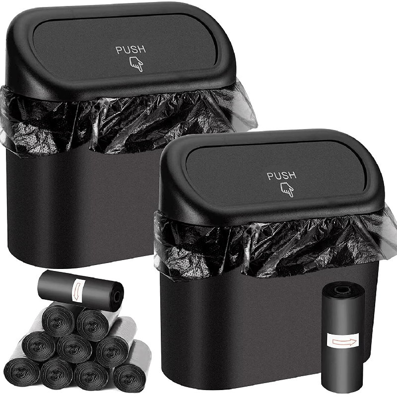 

1pc Sleek Black Mini Car Trash Can Set With Odor-blocking Lid & Free Garbage Bags - Leak-proof, Abs Material, Ideal For Vehicle , Trash Bag Holder