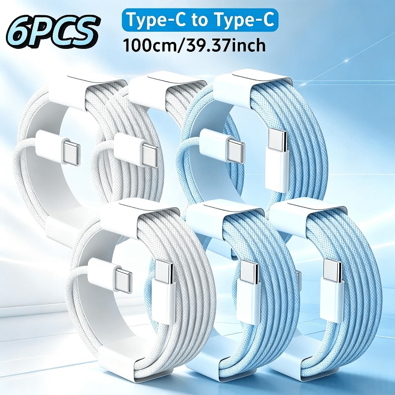TEMU 6pcs Usb-c To Usb-c Fast Charging Cable, 100cm Type C Data Transfer Cord, Compatible With Iphone 17/16/15 Series, Ipad Pro, Macbook, For Home,