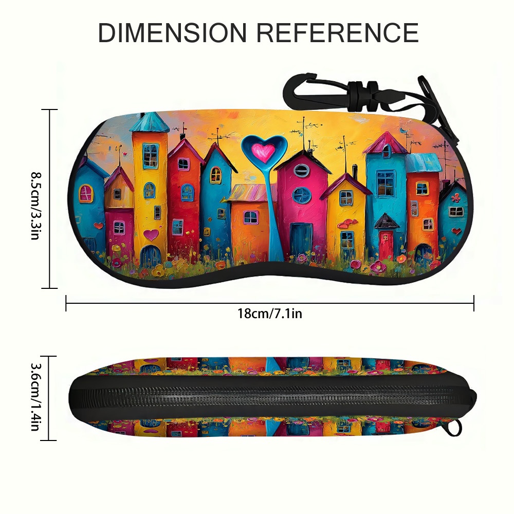 TEMU 1pc Colorful Houses Print Zippered Glasses Case Suitable For &, Modern Flat Eyeglass Holder With Zipper Closure, Ultra-lightweight Polyester