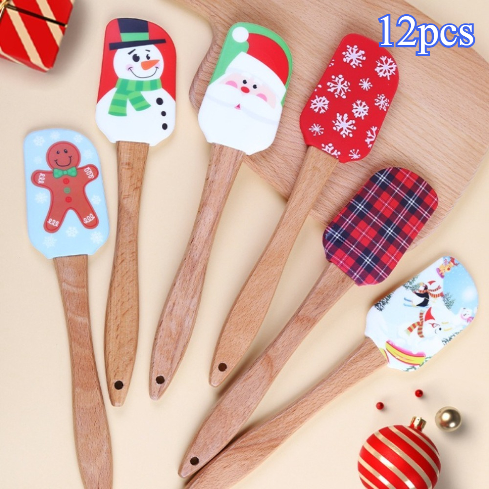 TEMU 12pcs 25x5.5cm Creative Christmas Style Silicone Scraper With Wooden Handle 6 Styles Santa Claus Gingerbread For Man Snowflake Pattern Silicone