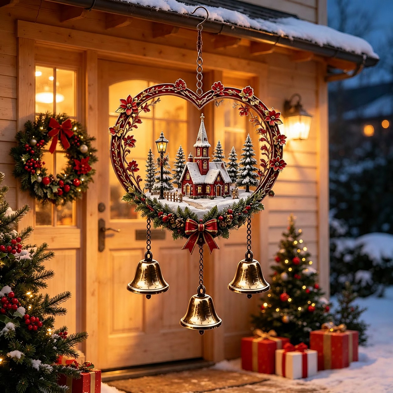 TEMU Herzförmiges Weihnachtshäuschen mit Windspiel aus drei Metallglocken, Vintage-Metall-Kupferglocken mit klarem, durchdringendem Klang, geeignet