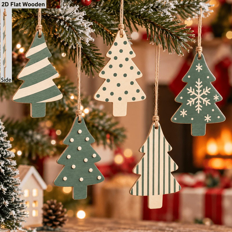 TEMU Set de 5 adornos de madera planos 2D con forma de árbol de Navidad, dijes colgantes navideños de estilo con cuerda, adecuados para árbol de