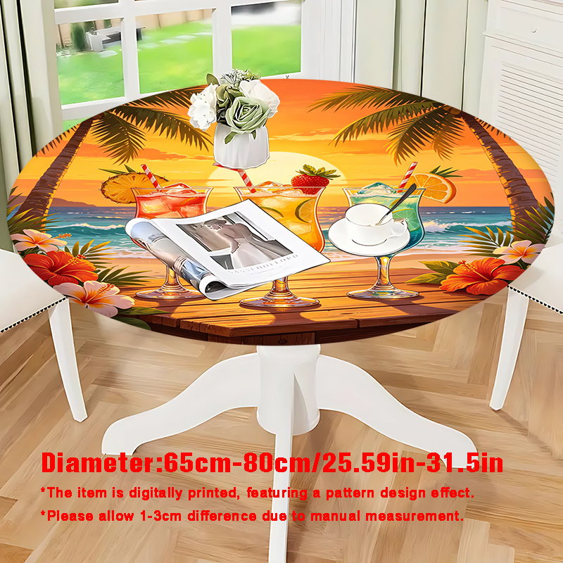 TEMU 2d Surface Printing Stretch Round Tablecloth, Seaside Iced Drink Print Round Elastic Tablecloth, Suitable For Round Dining Tables, Polyester