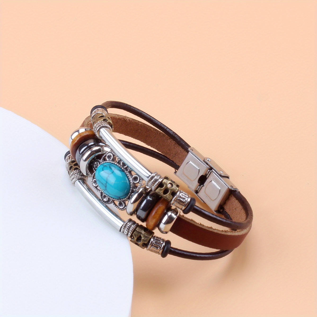 TEMU Vintage Style Green Turquoise Beaded Pu Leather Stainless Steel Clasp Bracelet