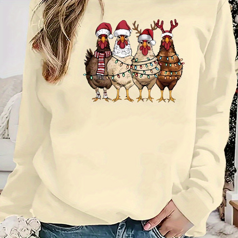 

Sweatshirt pour Femmes avec Imprimé Poule de Noël - Col Rond Décontracté, Pull à Manches Longues avec Design d' de Fête, Décoration de Noël, Mode