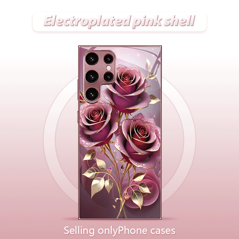 TEMU Phone Case: New Rose Golden/electroplated Pink Phone Case, Golden Core Pink Rose Pattern For Galaxy S26/s26 Plus/s26 Ultra/s25/s25 Ultra/s24/s24