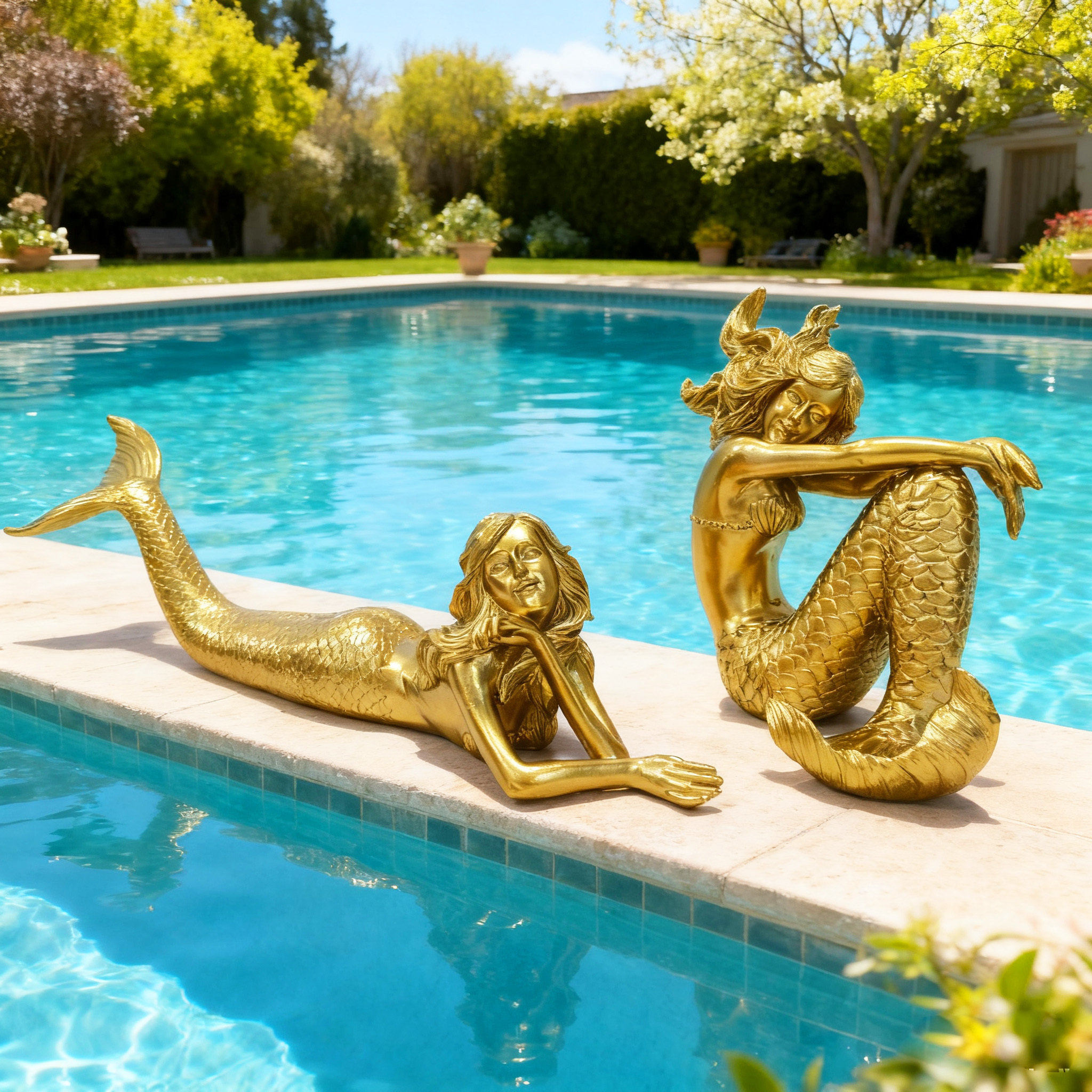 Large Golden Mermaid Ornament, Metallic Texture Resin Decoration