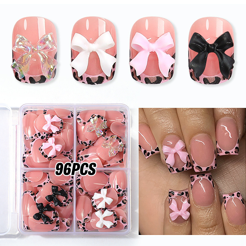 TEMU 96pcs Box 4 Styles Mixed Leopard French Bow Medium Long T-shaped Press-on Nails 3d Bow Decor Reusable Finished False Nails