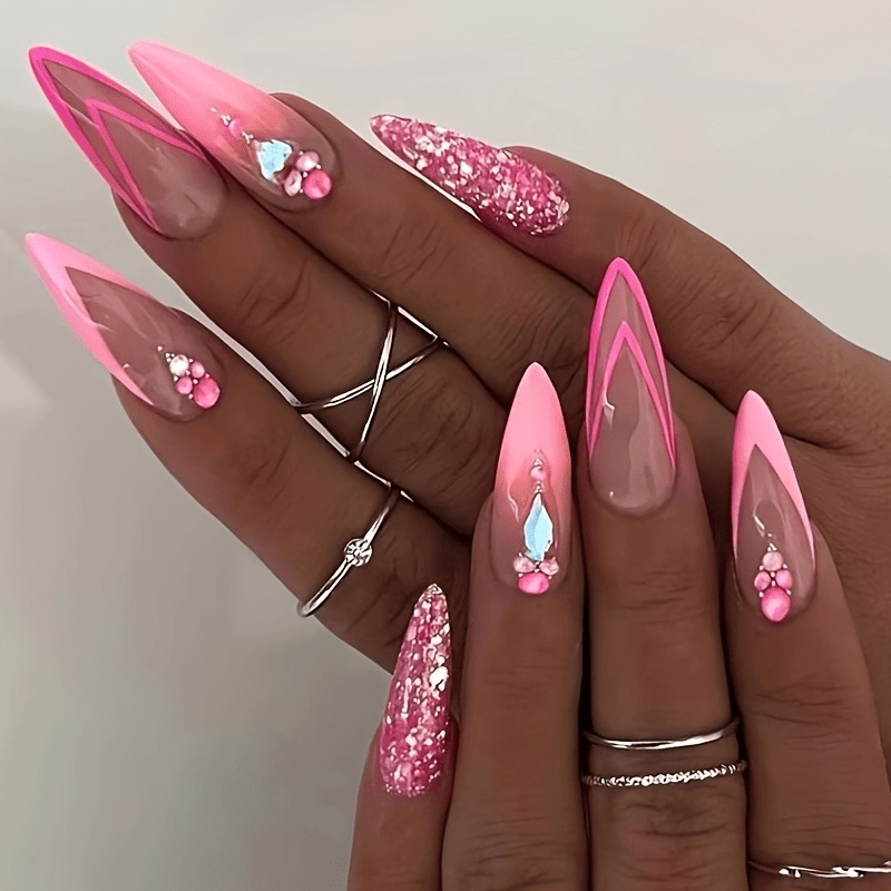 TEMU 48pcs Of Long Fluorescent Powder Carved Nails, Covering The Long Tip Shape, Shiny Design, Reusable Dark Party Glow, Reusable, Suitable For Women