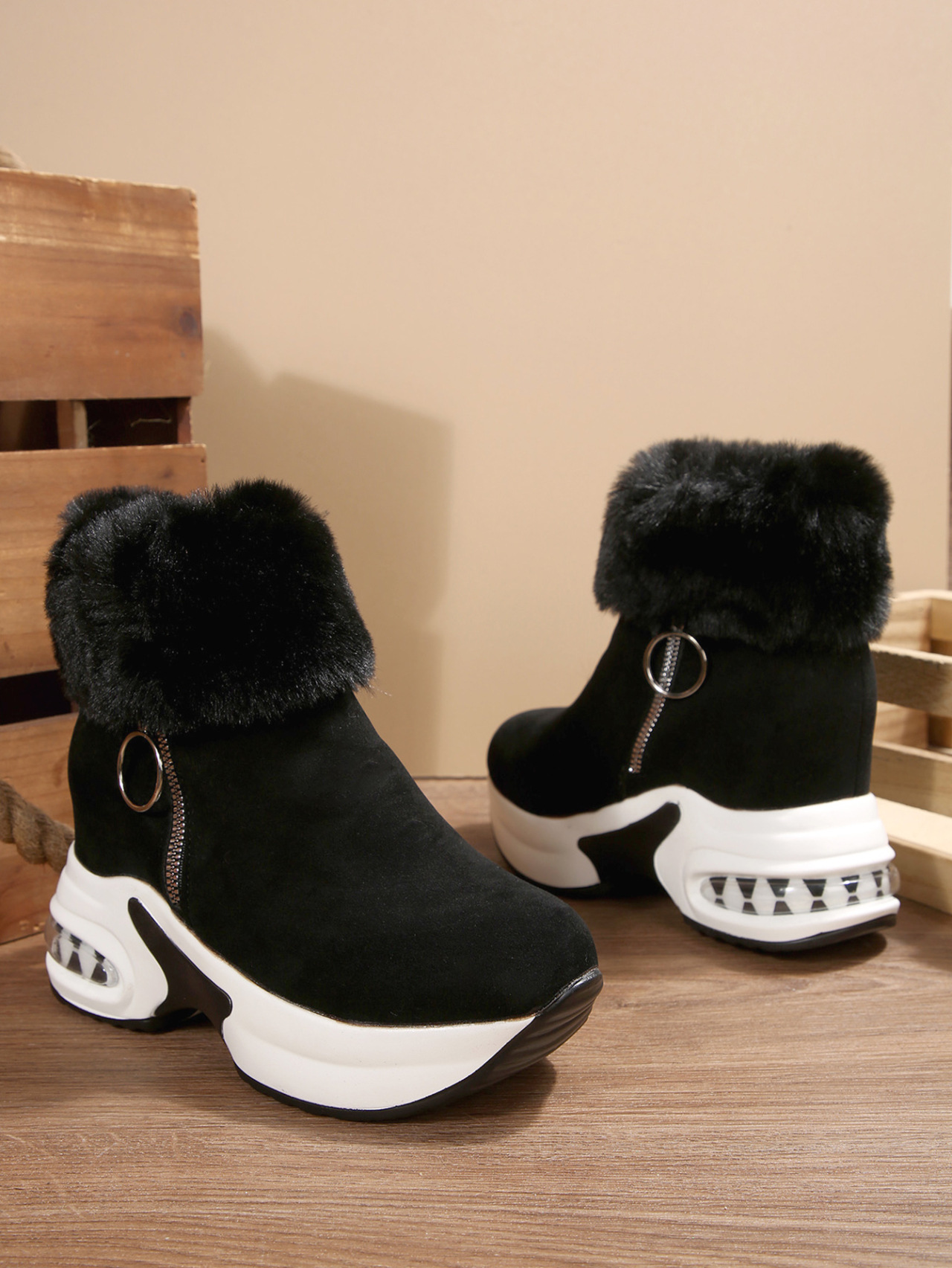 女士冬季保暖雪地靴，侧拉链设计，内衬抓绒 - 厚底坡跟，棕色/白色/黑色/灰色 - 防滑PVC鞋底，冷天、雪地及冰面缓震鞋垫 - 韩式冬季鞋，适合日常与正式装扮