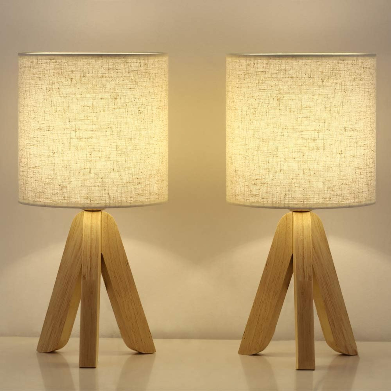 

Chic Rustic Linen Table Lamps Set Of 2 - Wooden Tripod Base, Bedroom, Living Room, Dorm Decor | Plug-in, 110v