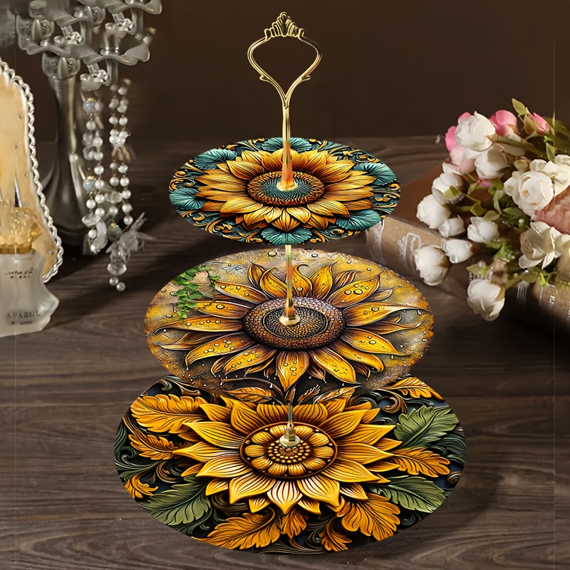 TEMU 1pc Wooden 3-layer Exquisite Art Display Stand With Sunflower Artistic Pattern As Main Body, Used For Storing Small Items, Very Suitable For