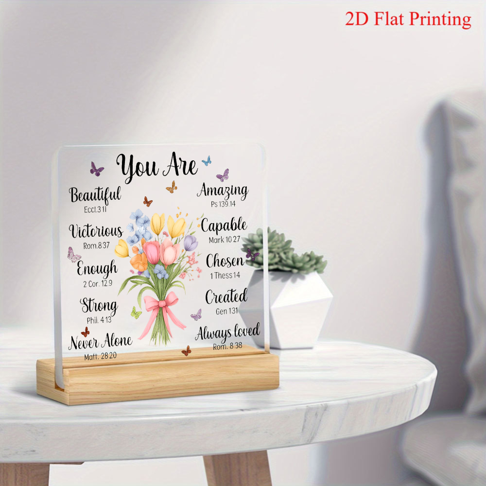 TEMU 2d Flat - [2d Flat] 2d Acrylic Tabletop Decoration Featuring Floral Illustrations With Uplifting Scriptures, Offering , , And Warm Inspiration.