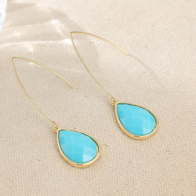 Golden Hook Long Teardrop Blue Resin Dangle Earrings, Elegant Gift