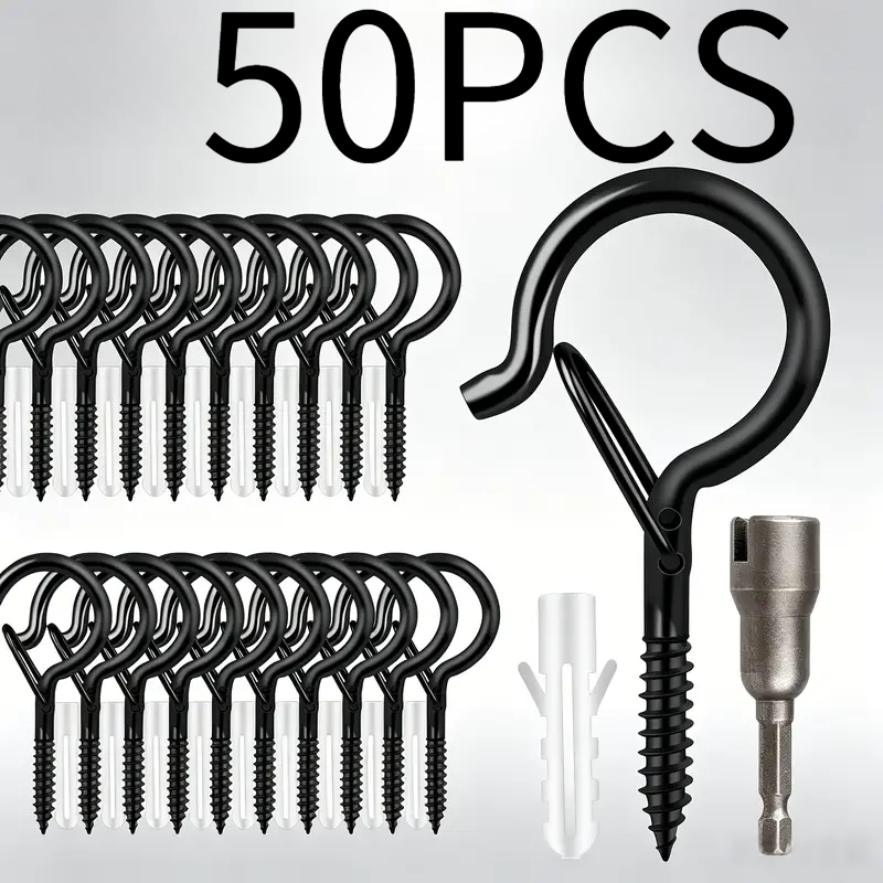 TEMU 50-pack Heavy Duty Q Hanger Screw Hooks With Safety , Rust-proof Black Metal With Wall Anchors Drill Bit, For String Lights Plants Bird Feeders