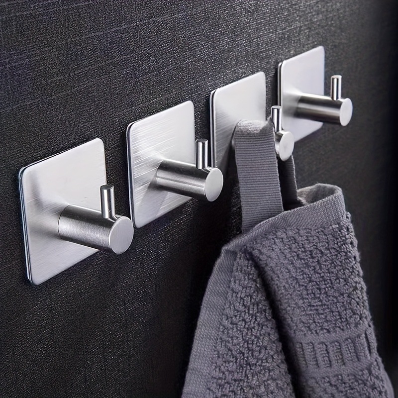 TEMU 4pcs Thickened Stainless Steel Adhesive Hooks, No Drill Metal Hangers, Heavy Duty Waterproof Rust Resistant Single Hooks Bathroom Kitchen Door