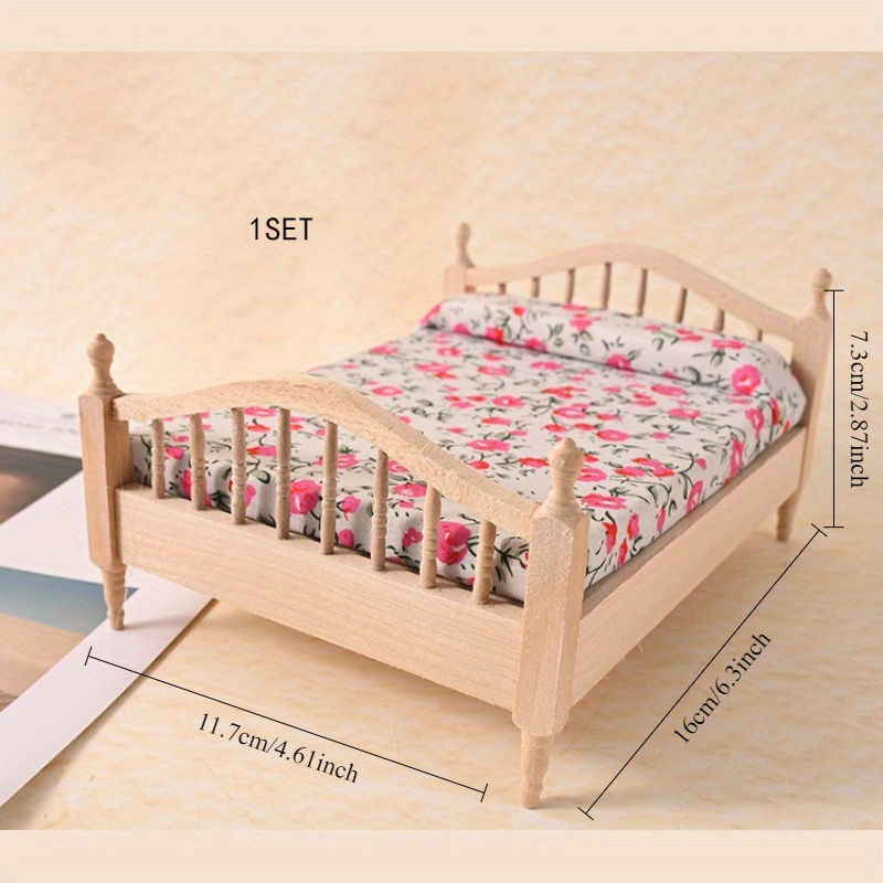 1 12 scale dollhouse miniature european double bed with   bed frame floral fabric realistic bed for dolls doll room dollhouse furniture