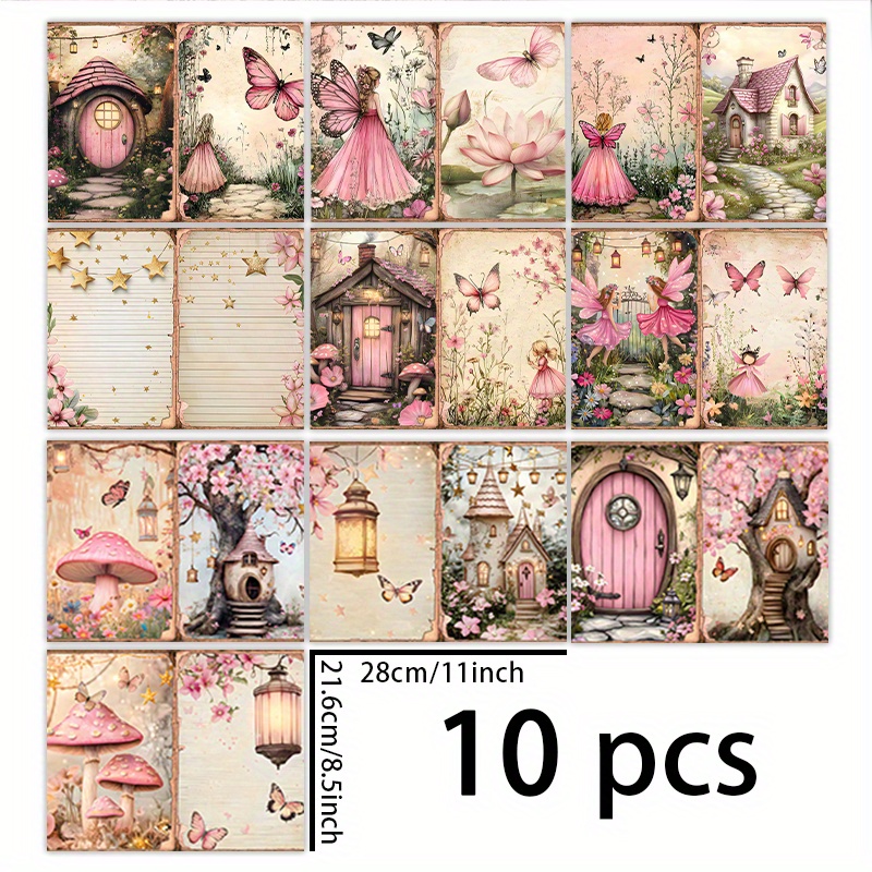 TEMU 1 Set van 10 Vellen (11*8,5 Inch) Roze Champignonhuis Vlinder Elf Achtergrondmateriaal Decoratief DIY Retro Dagboek Prullenbakdagboek Kaart