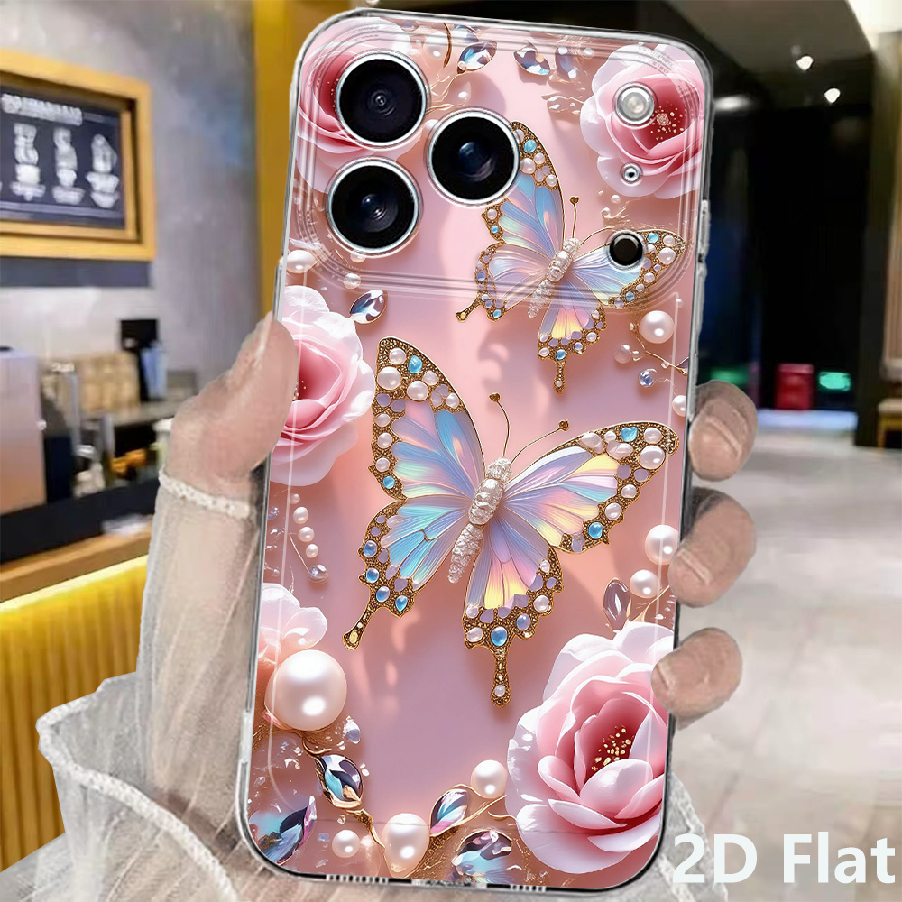 Phone Case - Pink- Jewelry With And Flower Patterns Phone Case Suitable For Iphone 17 Pro 15 14 13 12 177 Max
