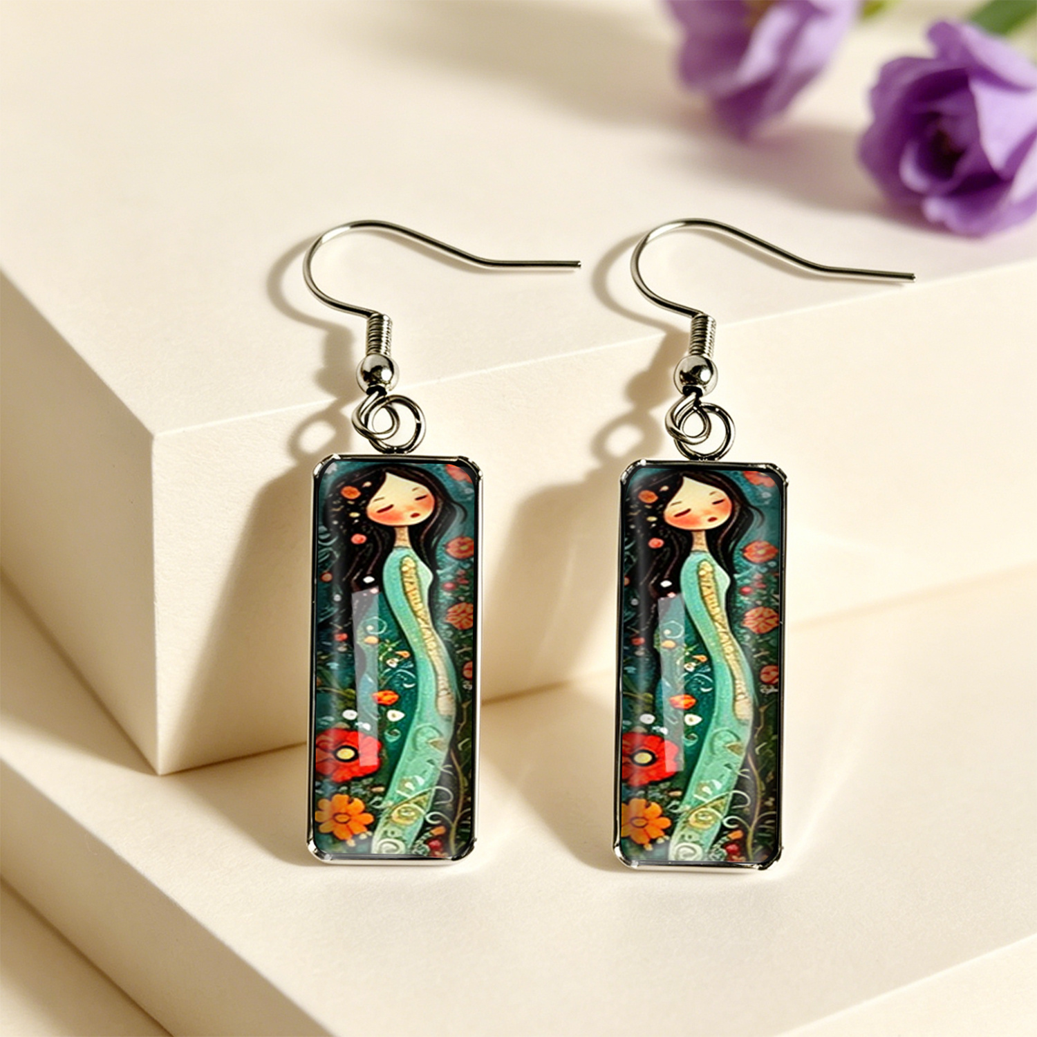 TEMU 1 Par de Aretes Rectangulares Vintage Florales Verdes para Vestido, Aretes Largos con Estampado Floral Pintado a , Acero Inoxidable