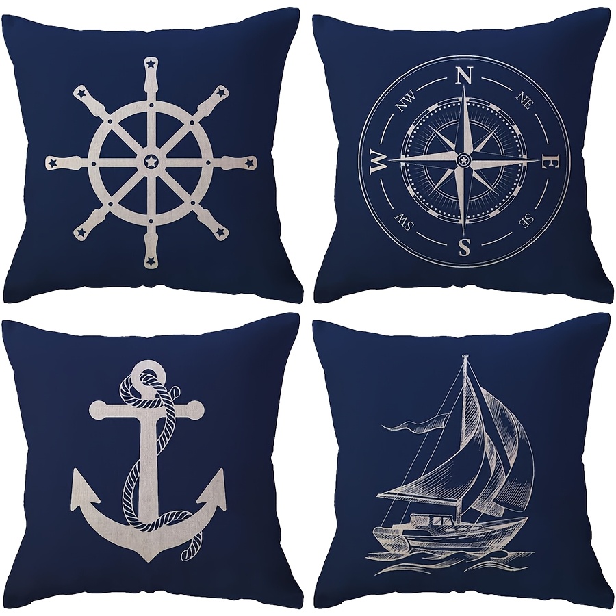TEMU 4pcs Set With Dark And Nautical Elements! 4 Styles Of Pillowcases: Steering Wheel, Compass, Anchor, And Sailboat. Decorative Cushion Covers For