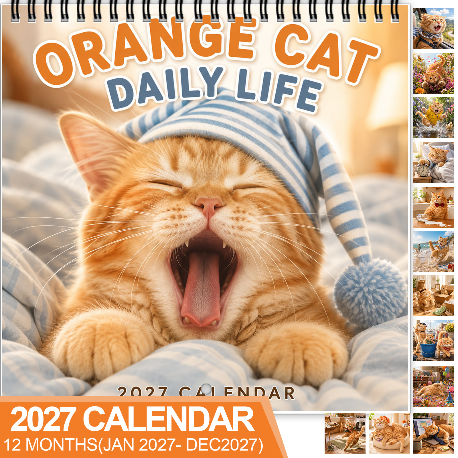 TEMU 1 stuk 2027 Wandkalender Dagelijks van Oranje Kat, Spiraalgebonden 12-Maanden Kalender met Beschrijfbare Datumblokken, Met Grappige Rode Katten