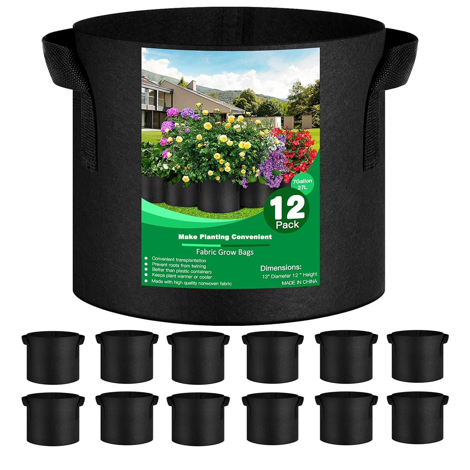 E-shop 12er-Set Hochleistungs-Vlieswachstumsbeutel mit Griffen, 1/2/3/5/7/10 Gallonen Belüftungsgewebe-Töpfe für Gemüse, Kräuter & Blumen, Innen- &