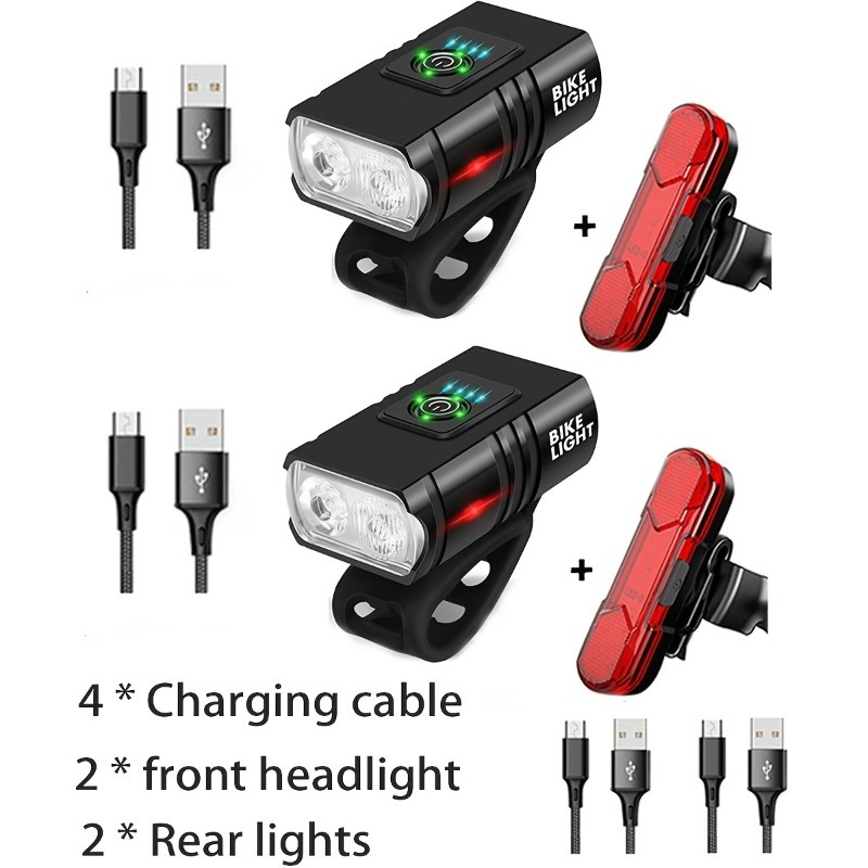 TEMU 2pcs Portable Led Bike Light Sets: Usb Rechargeable Headlight, 6 Front Light +4 Tail Light , Safe And Portable Led Bicycle Light Sets, Aluminium Housing And Rear Light For Cycling, Biking