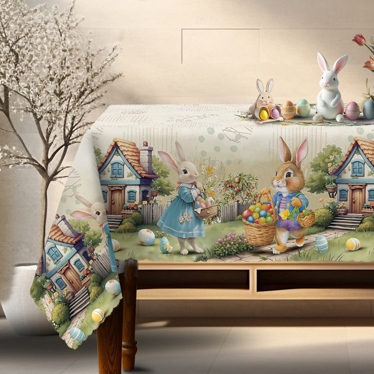 

1pc Vintage Easter Tablecloth, Polyester 100%, Machine Made Rectangular Farmhouse Design With Bunnies & Eggs, Ideal For Indoor/outdoor Easter Party & Home Decor, Decoration