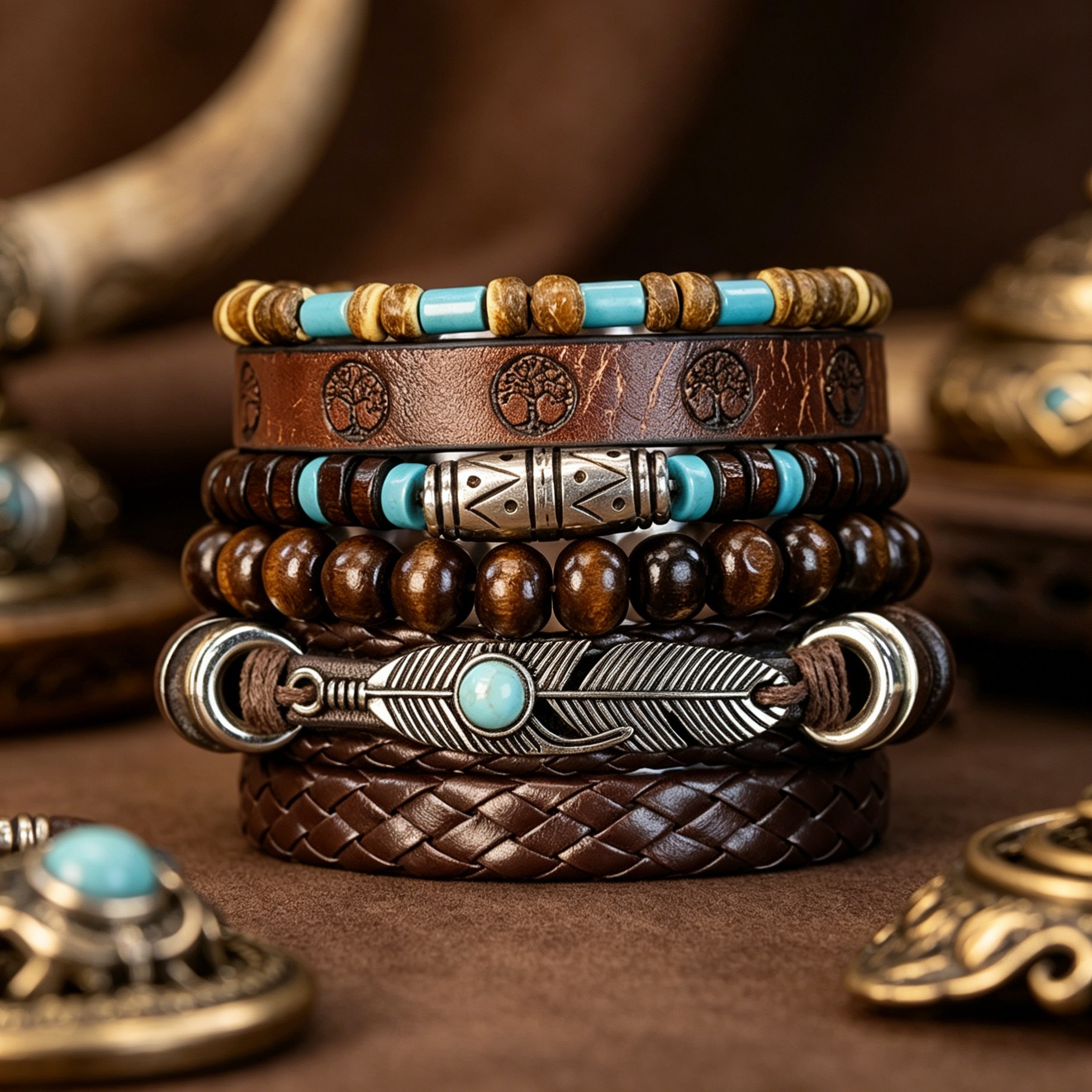 TEMU Lot de 6 bracelets bohèmes Arbre de Vie turquoise pour homme et femme - Perles superposées empilables en PU imperméable avec plume, adaptés pour