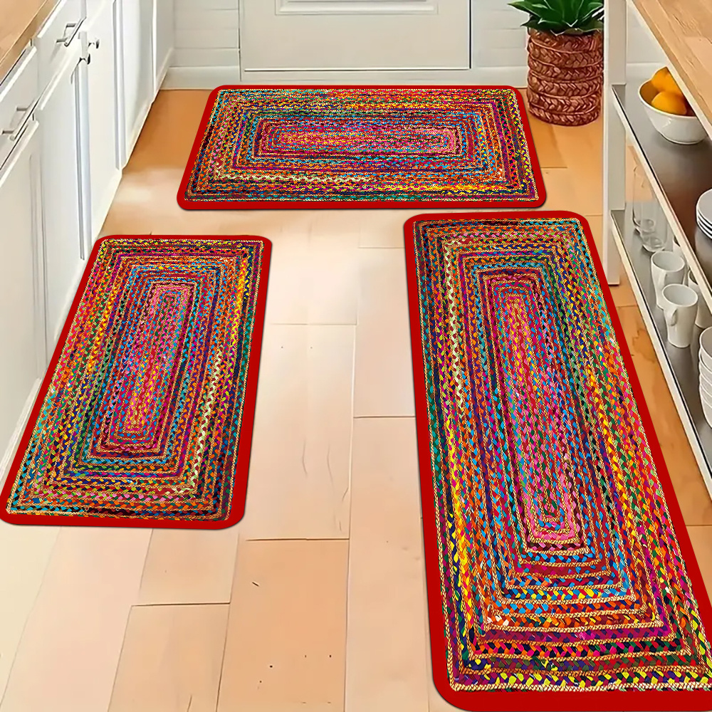 TEMU 3pcs Set Of Kitchen Floor Mats, Colored Bohemian Floor Mats, Soft And Comfortable, Easy To Clean, Suitable For Kitchen, Bathroom, Living Room,