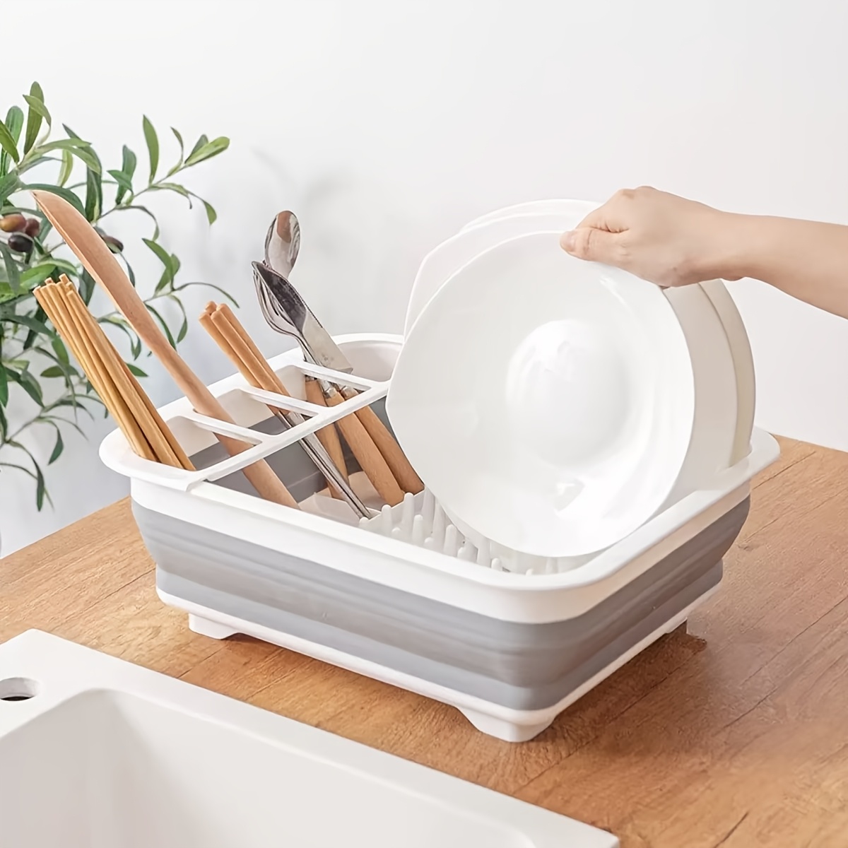TEMU Foldable Dish Drainer - Multi-functional Kitchen Organizer With Utensil Holder, Plate And Bowl Drying Rack, Portable Design For Home, Hotel, And