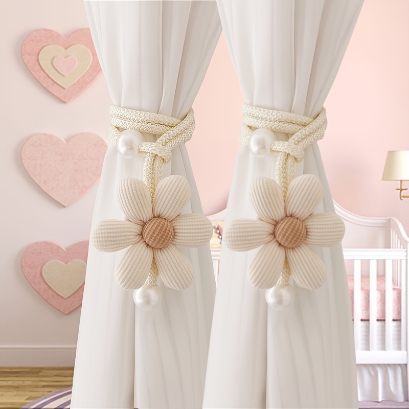 TEMU Lot de 2 attaches de rideaux 3D à fleurs et perles, sangles de rangement pour moustiquaire, corde pour rideau de porte et paravent café